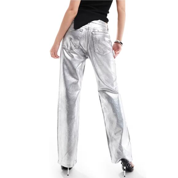 MNG Womens 12 Silver Foil Straight Wide Leg Denim Jeans Evening Wear NEW - Picture 2 of 11